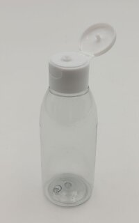 Recycling PET Flasche RIGOLETTO 100 ml klar mit Klapp- Schraubverschluss 24/410 weiß