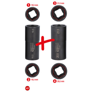 1/2" Spezial-Alu-Felgen-Kraft-Stecknuss-Satz für Ford, 18,5 / 19,5 / 20,5 / 21,5 mm, 2-tlg