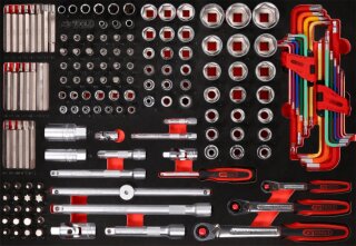 1/4 + 3/8 + 1/2 Steckschlüssel-Satz in Schaumstoffeinlage, 159-tlg