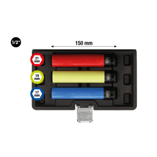 Alu-Felgen Kraft-Stecknuss-Satz, extra lang, 3-tlg, 1/2", 17, 19, 21 mm